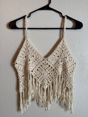 Zaful Crotchet Halter Cream Crop Top Boho Fringe Beachy Festival S/M
